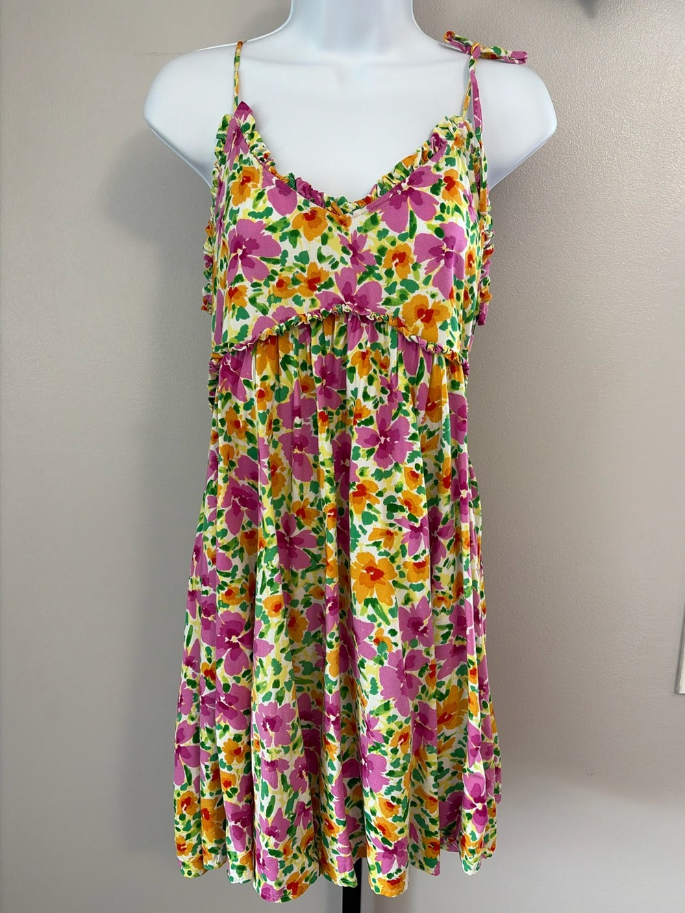 Patrons of Peace Floral Mini Dress in Pink, Green, Yellow